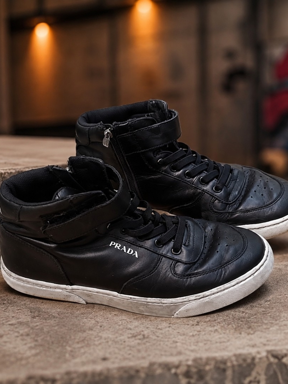 Prada Black Leather High-Top Sneakers with White Sole